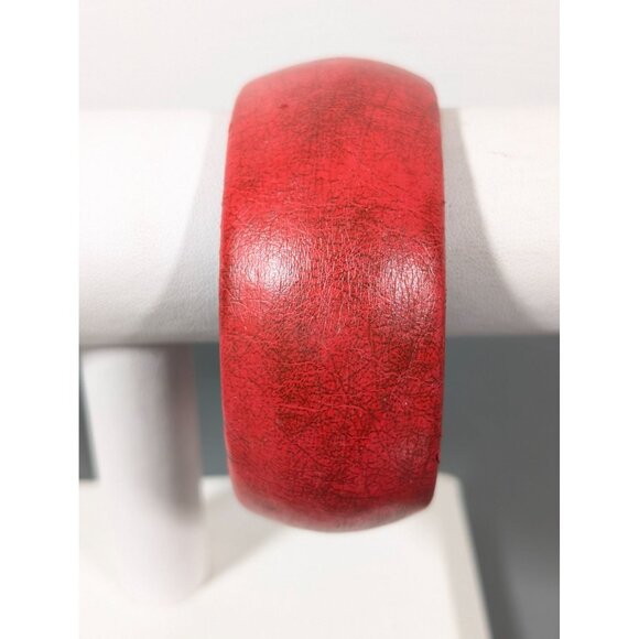 Retro Red Leather Wrapped Bangle Bracelet Wide Chunky Statement 8.5" - Picture 1 of 9